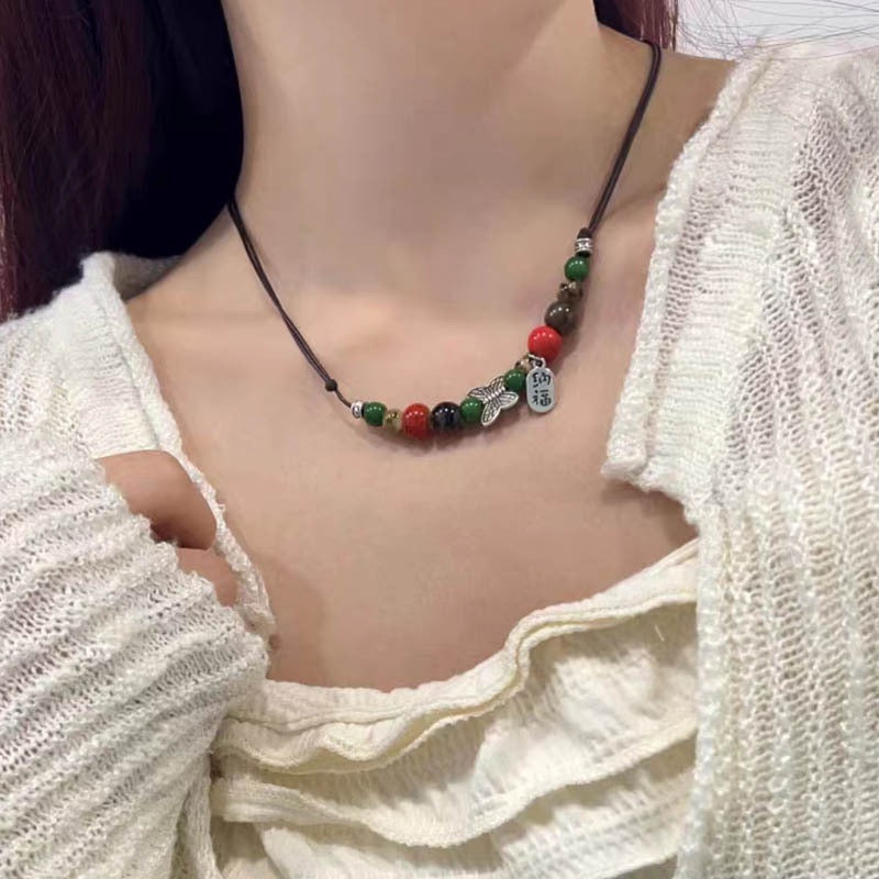 FENG SHUI - 4 New Chinese style retro ceramic butterfly bell pendant necklace new ethnic trench coat long necklace with accessories