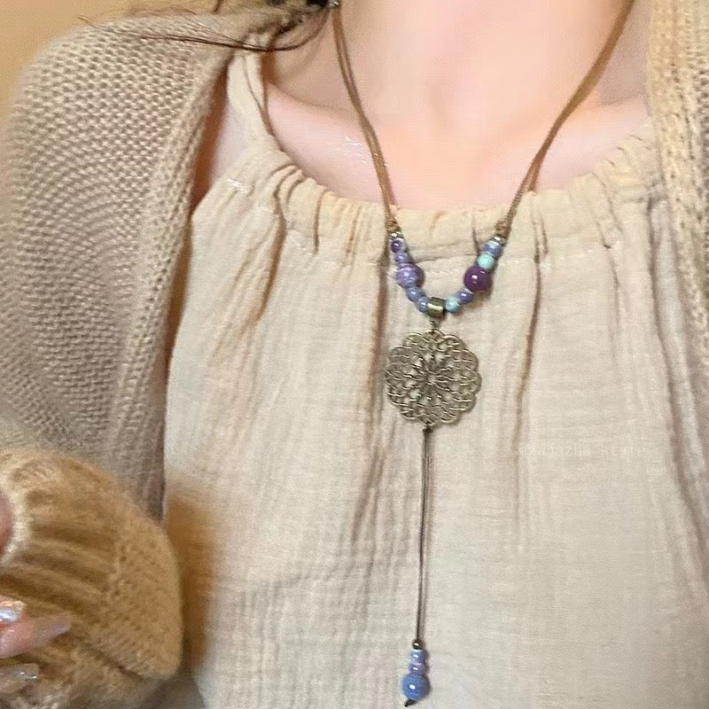 FENG SHUI - 4 New Chinese style retro ceramic butterfly bell pendant necklace new ethnic trench coat long necklace with accessories