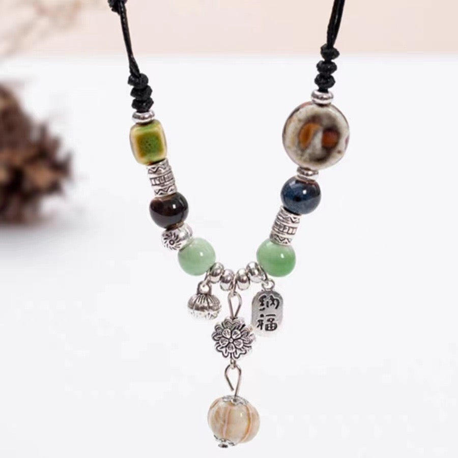 FENG SHUI - 4 New Chinese style retro ceramic butterfly bell pendant necklace new ethnic trench coat long necklace with accessories