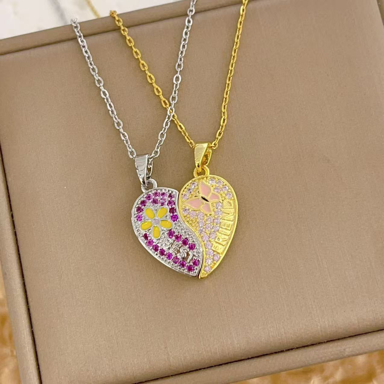 FENG SHUI - 9 Magnetic pink heart cartoon copper plated 18-karat gold pendant necklace for women