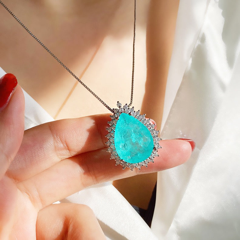 FENG SHUI - 12 Microset Paraiba Drop Gem Necklace Women's Ocean Heart Pendant long