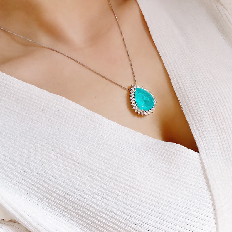 FENG SHUI - 12 Microset Paraiba Drop Gem Necklace Women's Ocean Heart Pendant long