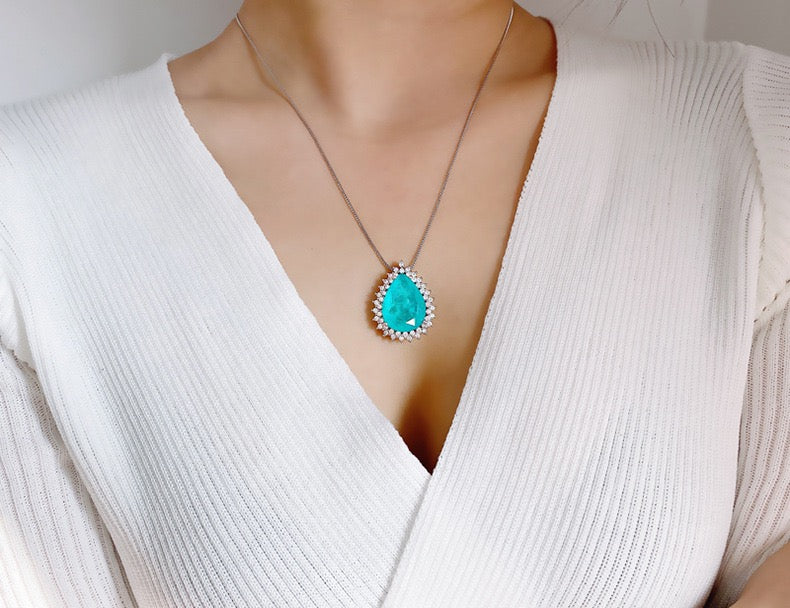 FENG SHUI - 12 Microset Paraiba Drop Gem Necklace Women's Ocean Heart Pendant long