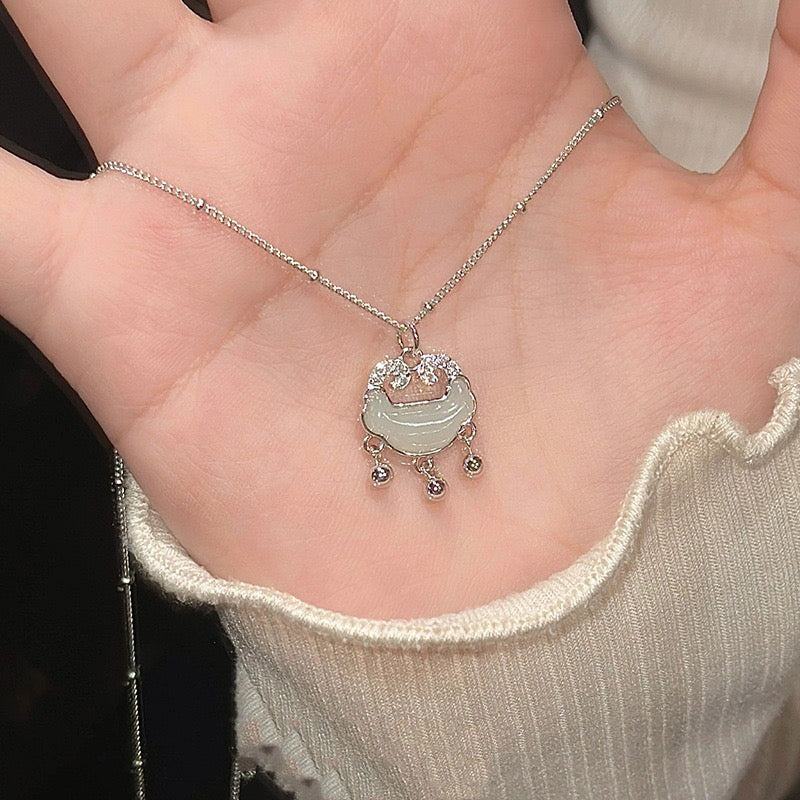 FENG SHUI - 13 S925 Silver Hetian jade necklace women fashion everything Ruyi peace lock pendant new Chinese style new style jewelry
