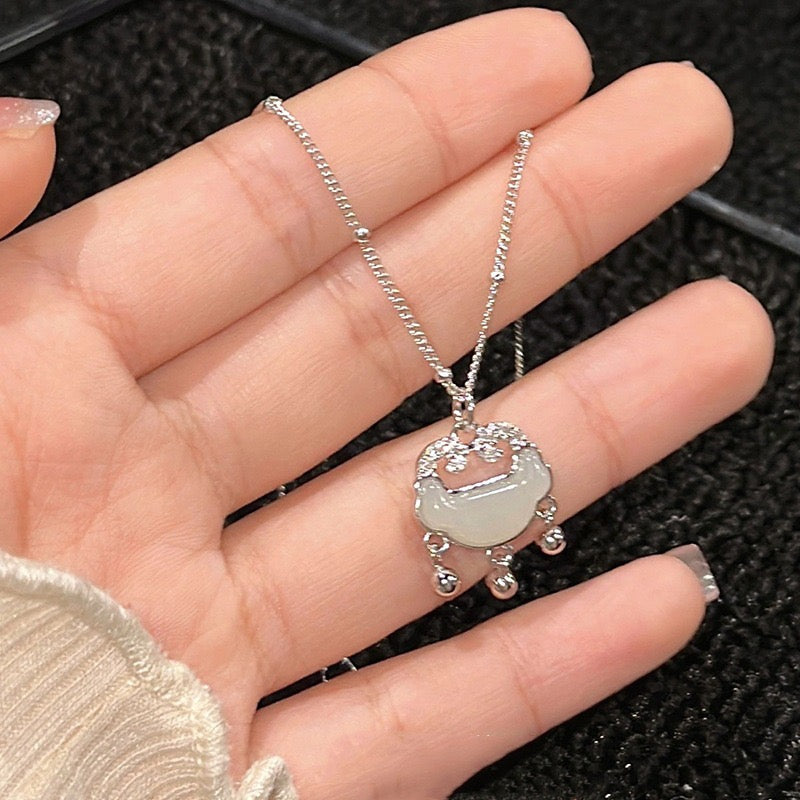 FENG SHUI - 13 S925 Silver Hetian jade necklace women fashion everything Ruyi peace lock pendant new Chinese style new style jewelry