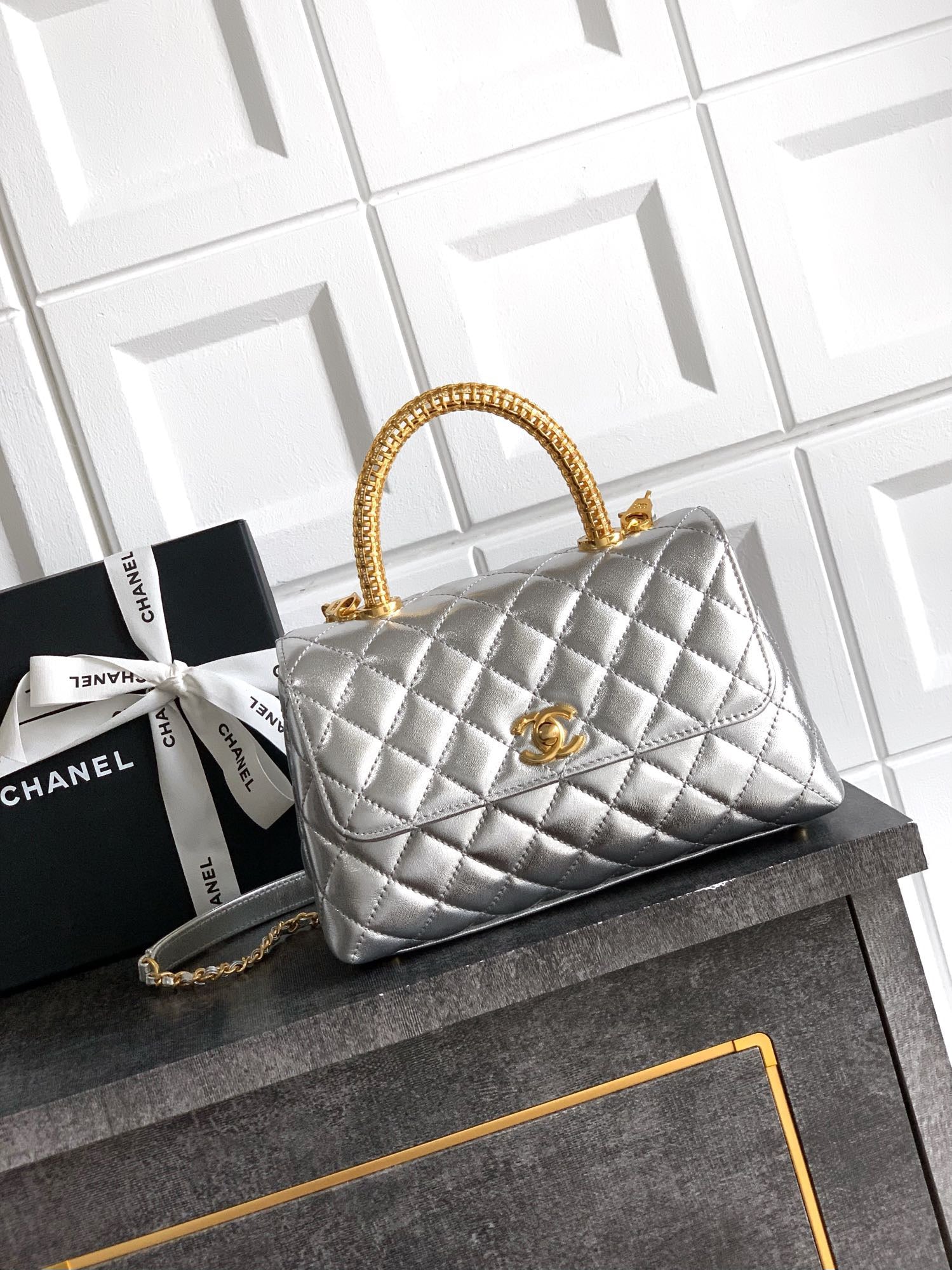 CHANEL- coco Handle bag  golden/sliver