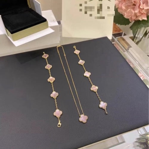 New pink double-sided four-leaf clover five-flower bracelet for women's diy light luxury four-leaf clover titanium steel jewelry