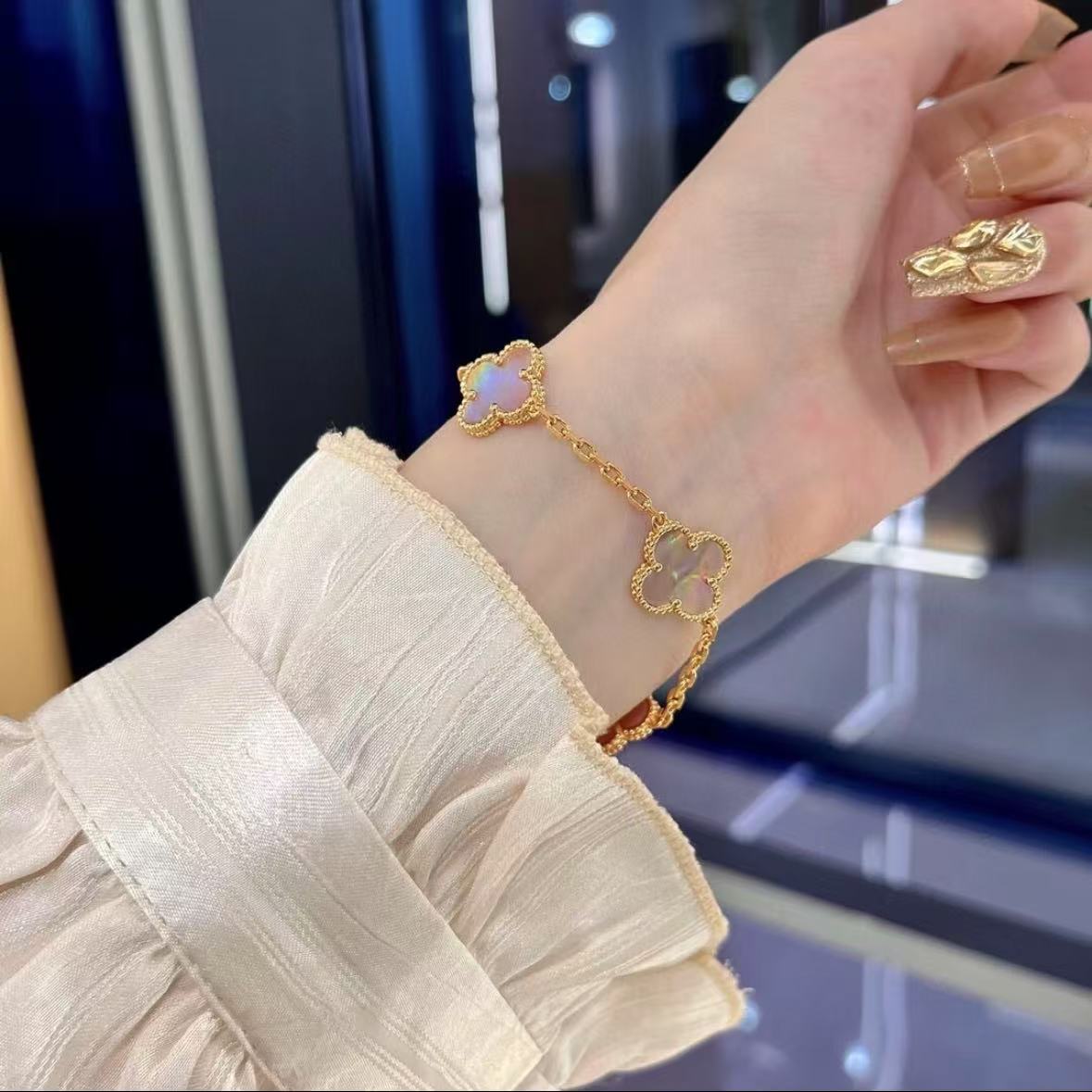 New pink double-sided four-leaf clover five-flower bracelet for women's diy light luxury four-leaf clover titanium steel jewelry