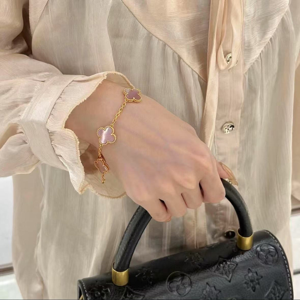 New pink double-sided four-leaf clover five-flower bracelet for women's diy light luxury four-leaf clover titanium steel jewelry