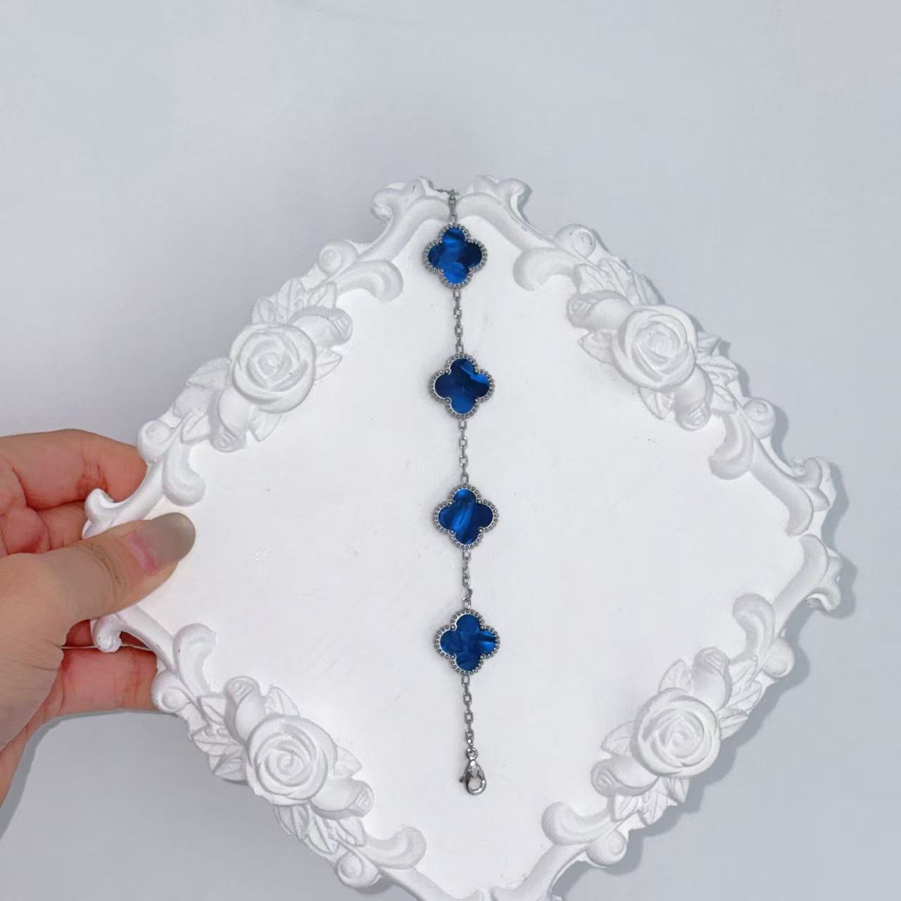 New blue double-sided four-leaf clover five-flower bracelet for women's diy light luxury four-leaf clover titanium steel jewelry