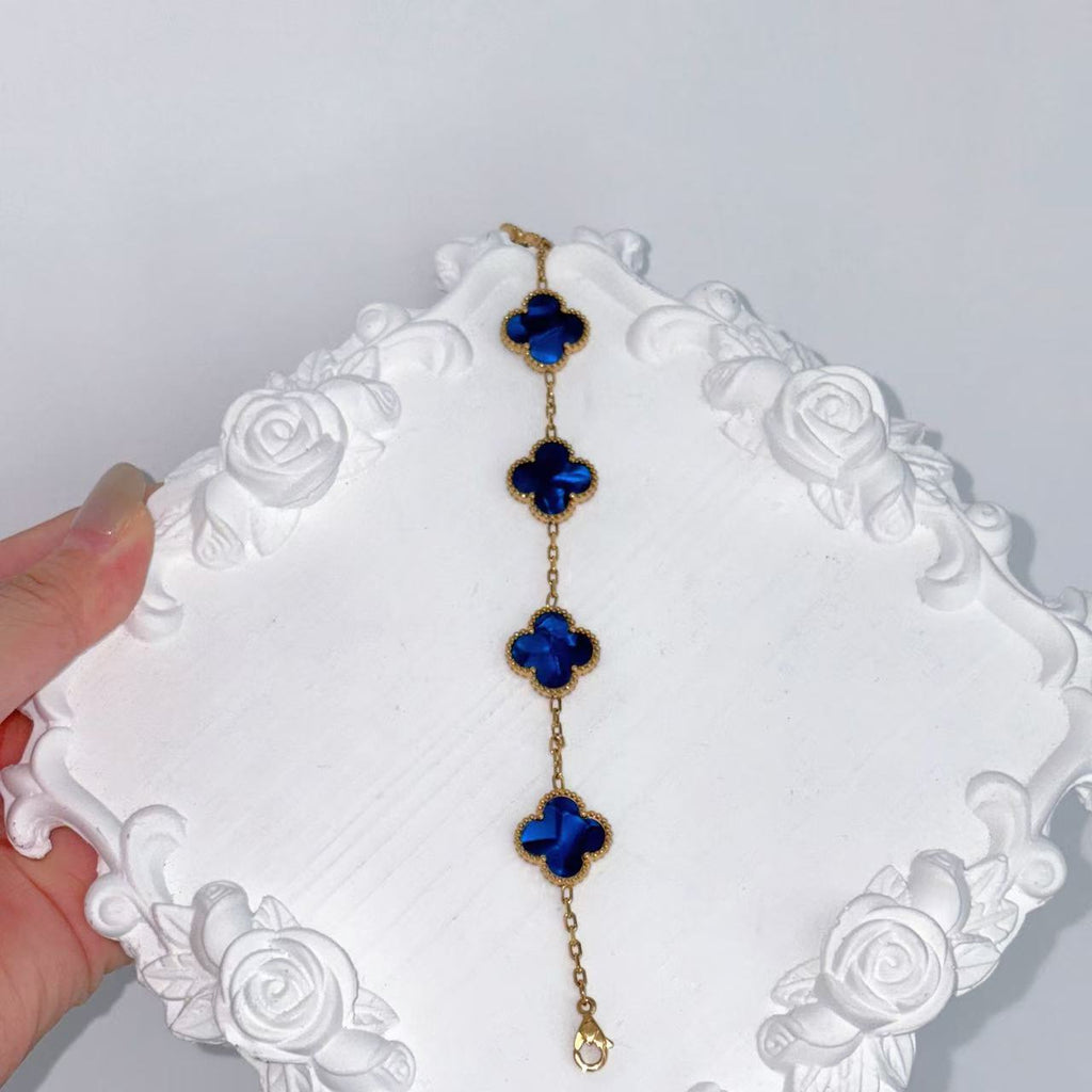 New blue double-sided four-leaf clover five-flower bracelet for women's diy light luxury four-leaf clover titanium steel jewelry