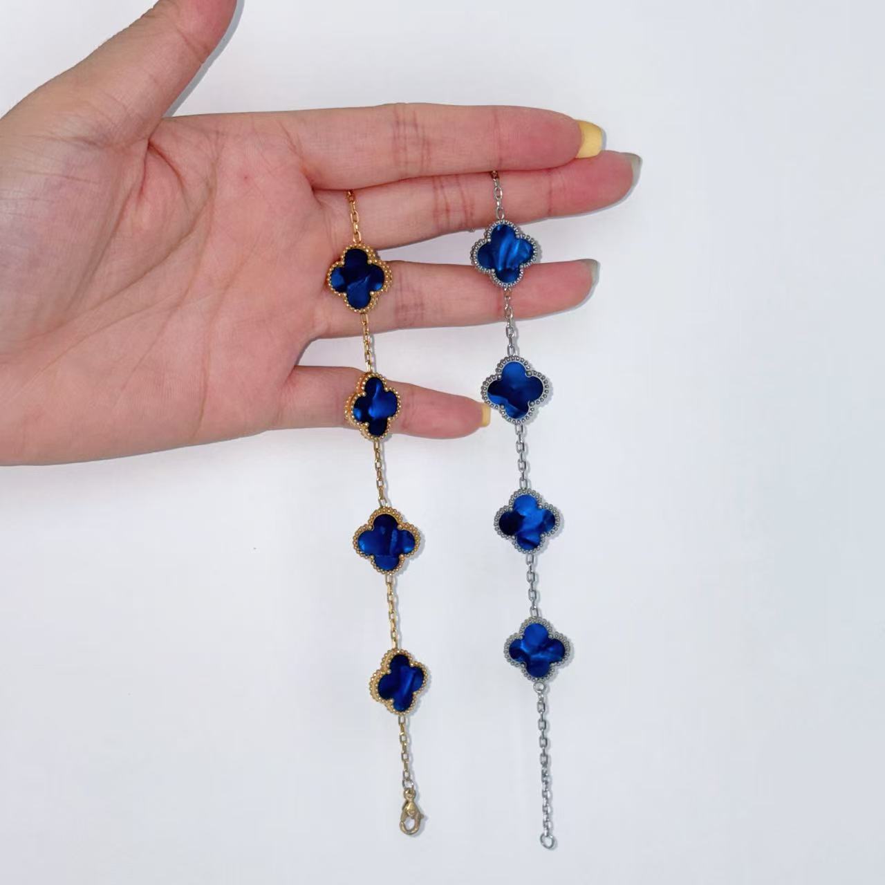 New blue double-sided four-leaf clover five-flower bracelet for women's diy light luxury four-leaf clover titanium steel jewelry