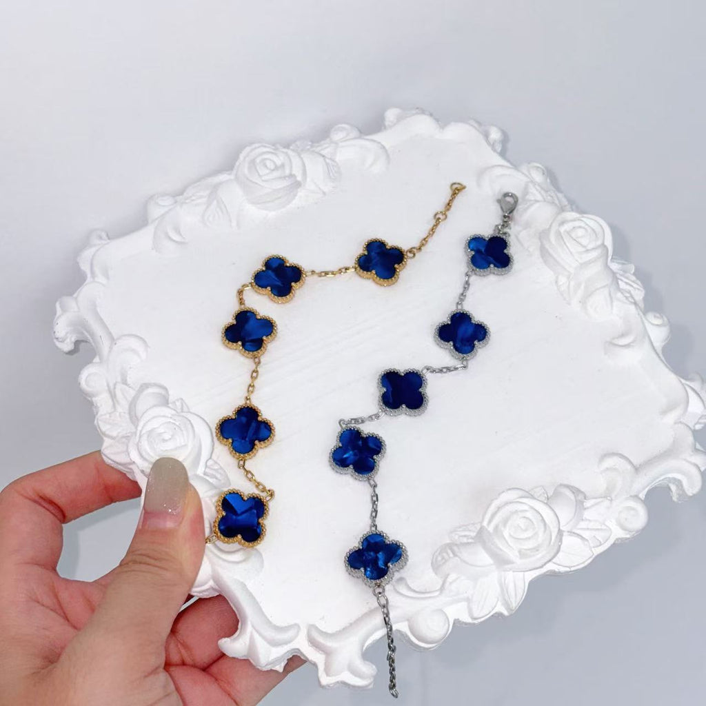 New blue double-sided four-leaf clover five-flower bracelet for women's diy light luxury four-leaf clover titanium steel jewelry