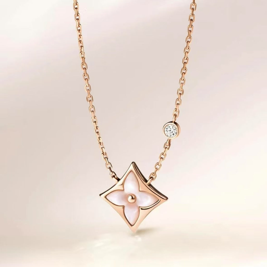 Diamond pointed flower white Fritillary necklace women's light luxury fashion versatile pink Fritillary round flower double flower pendant