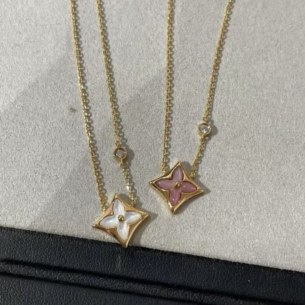 Diamond pointed flower white Fritillary necklace women's light luxury fashion versatile pink Fritillary round flower double flower pendant