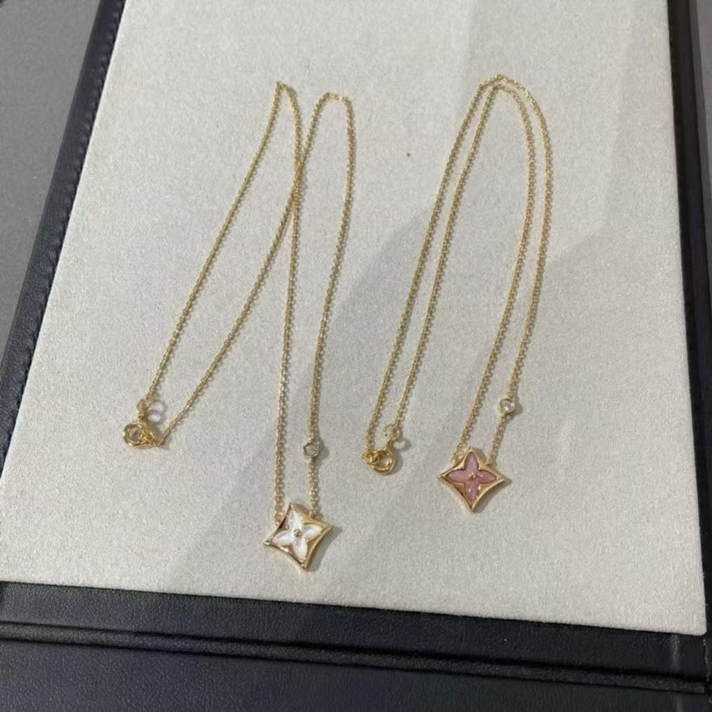 Diamond pointed flower white Fritillary necklace women's light luxury fashion versatile pink Fritillary round flower double flower pendant