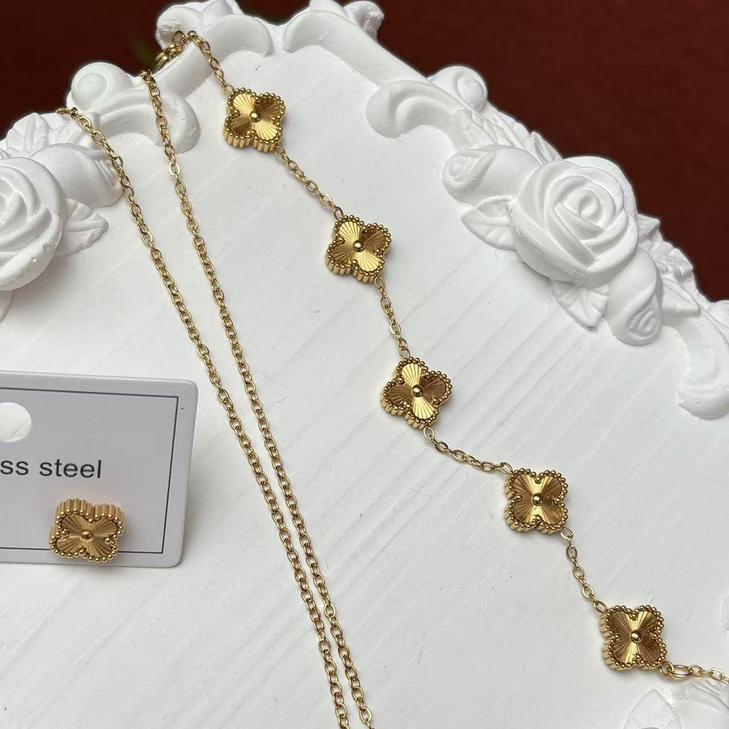 New golden double-sided four-leaf clover five-flower set for women's diy light luxury four-leaf clover titanium steel jewelry