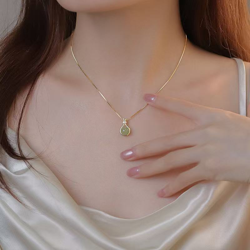 FENG SHUI - 17 S925 sterling silver necklace women's jewelry clavicle chain Chinese Feng Fu bag Hetian jade with jade pendant