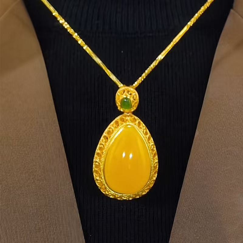 FENG SHUI - 26 New imitation jade wax color water drop necklace national tide palace scenery Thai blue female hanging ornaments