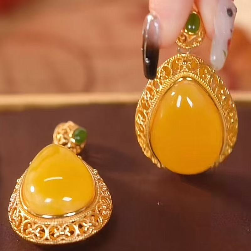 FENG SHUI - 26 New imitation jade wax color water drop necklace national tide palace scenery Thai blue female hanging ornaments