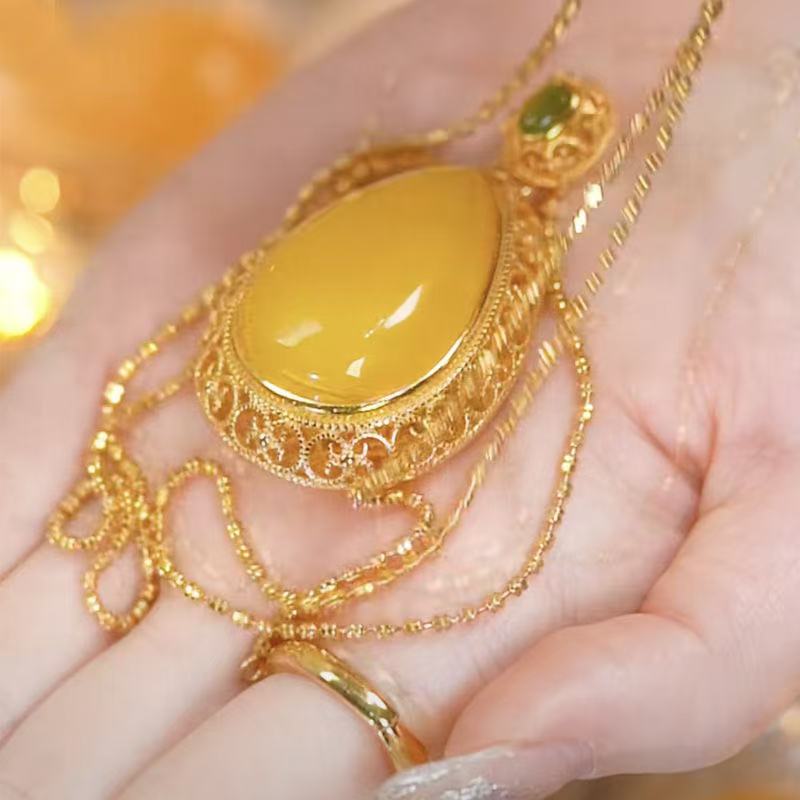 FENG SHUI - 26 New imitation jade wax color water drop necklace national tide palace scenery Thai blue female hanging ornaments