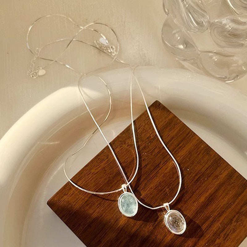 FENG SHUI - 27 Aquamarine moonstone necklace female niche design high-grade sense oval pendant light luxury fashion snake bone chain