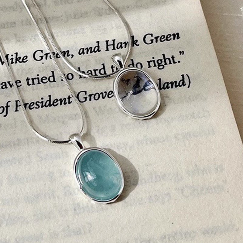 FENG SHUI - 27 Aquamarine moonstone necklace female niche design high-grade sense oval pendant light luxury fashion snake bone chain