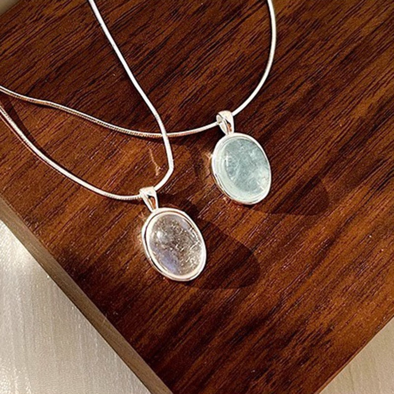 FENG SHUI - 27 Aquamarine moonstone necklace female niche design high-grade sense oval pendant light luxury fashion snake bone chain