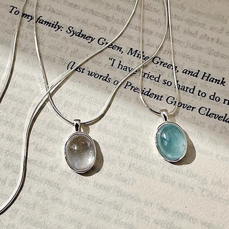 FENG SHUI - 27 Aquamarine moonstone necklace female niche design high-grade sense oval pendant light luxury fashion snake bone chain