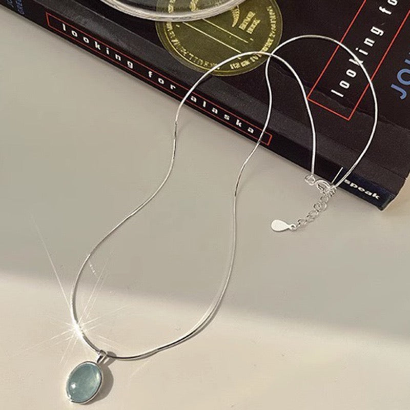 FENG SHUI - 27 Aquamarine moonstone necklace female niche design high-grade sense oval pendant light luxury fashion snake bone chain