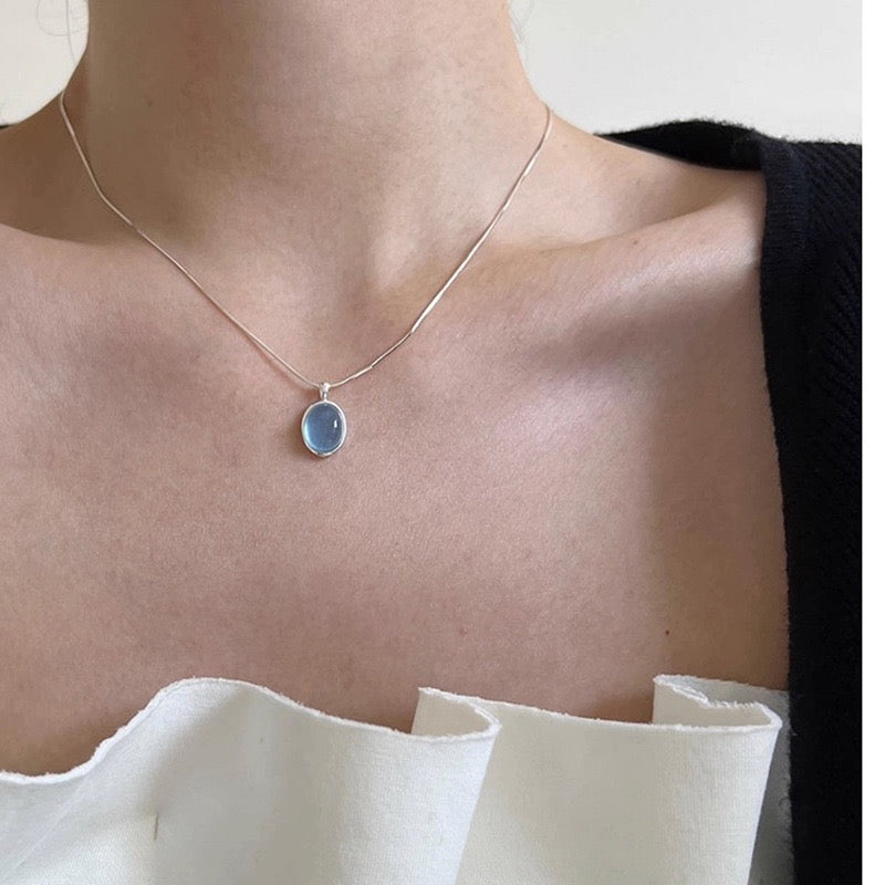 FENG SHUI - 27 Aquamarine moonstone necklace female niche design high-grade sense oval pendant light luxury fashion snake bone chain