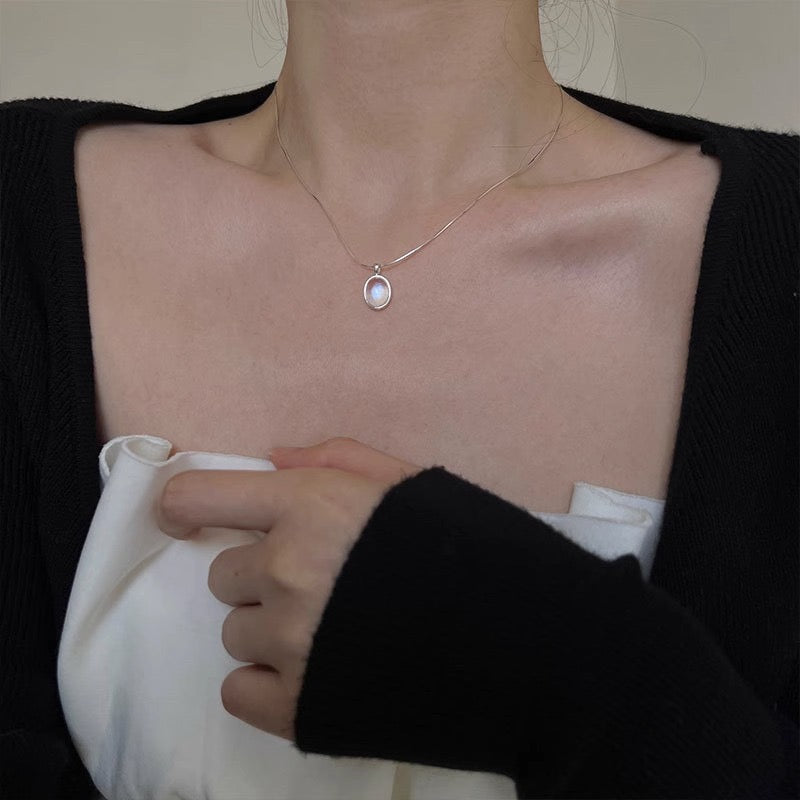 FENG SHUI - 27 Aquamarine moonstone necklace female niche design high-grade sense oval pendant light luxury fashion snake bone chain