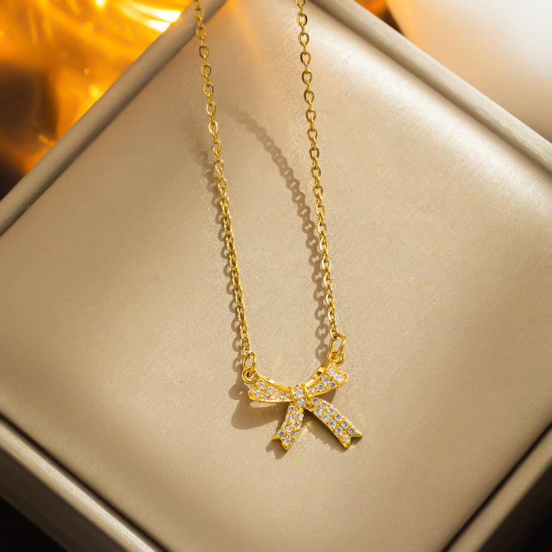 FENG SHUI - 28 Micro inlaid bow pendant titanium steel necklace feminine clavicle chain