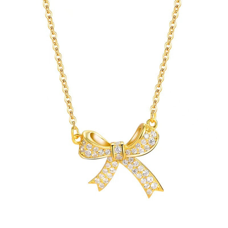 FENG SHUI - 28 Micro inlaid bow pendant titanium steel necklace feminine clavicle chain