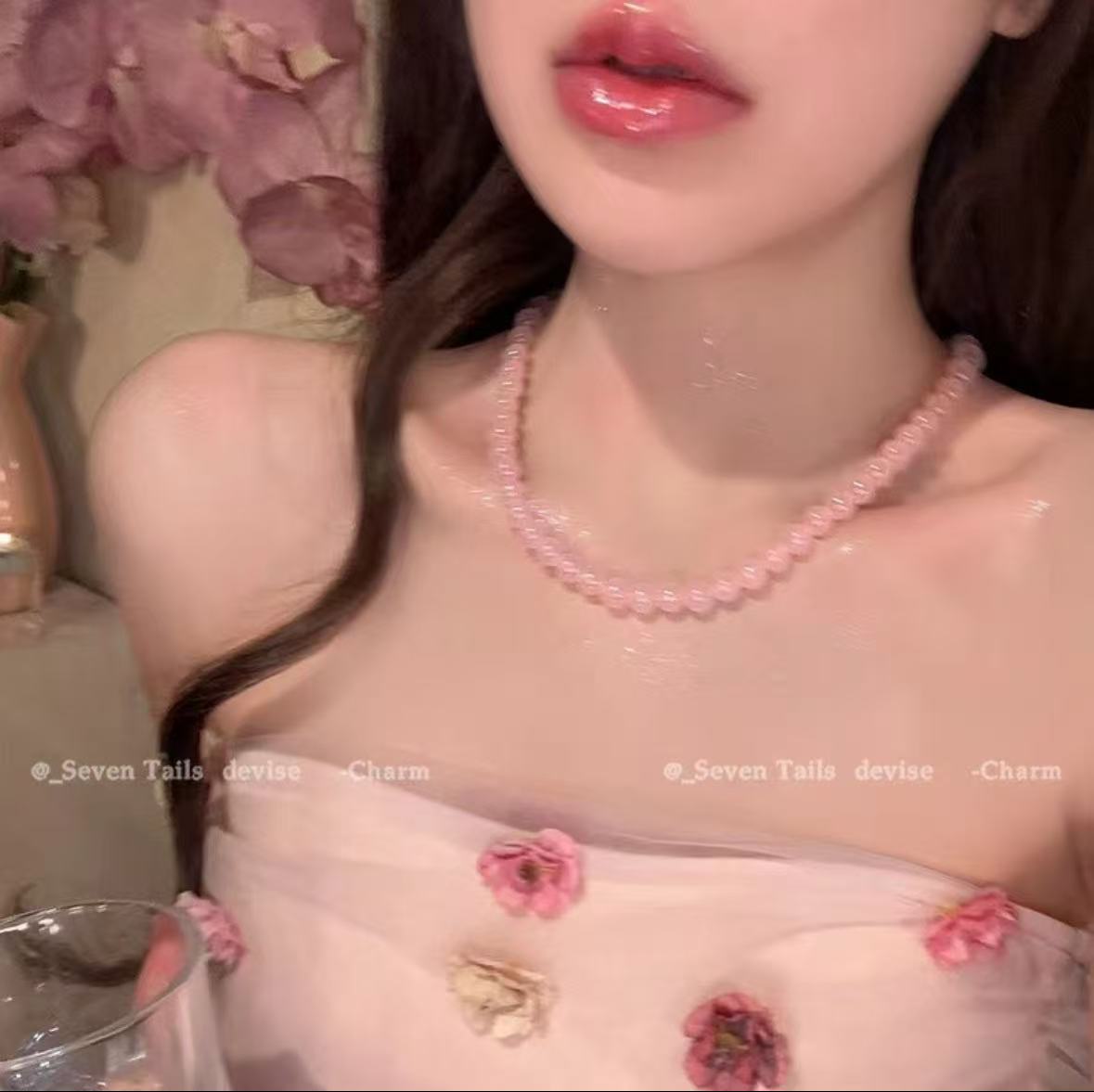 FENGSHUI-38 Natural pink stone necklace, simple temperament hundred collocation decoration