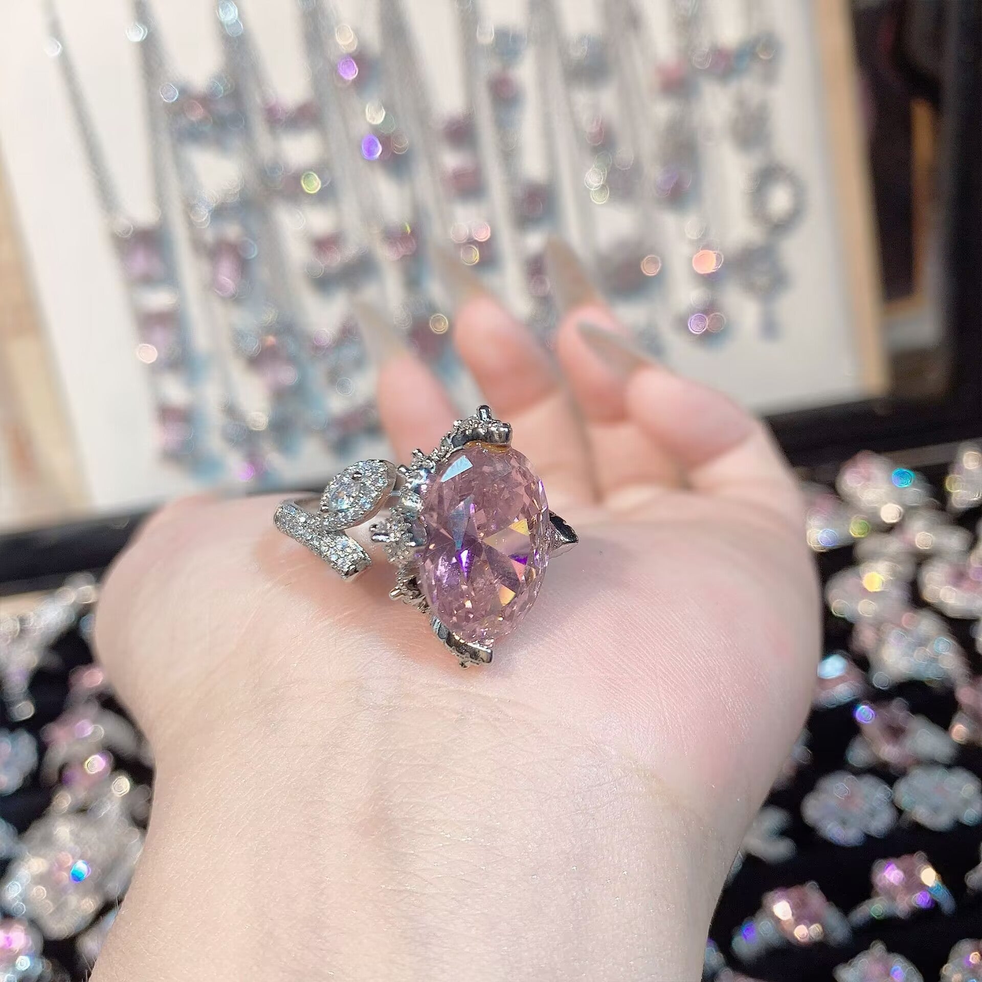 FENG SHUI - 32 Explosive high carbon diamond high quality ultra flash cherry blossom powder zirconium female ring collection advanced design sense ring