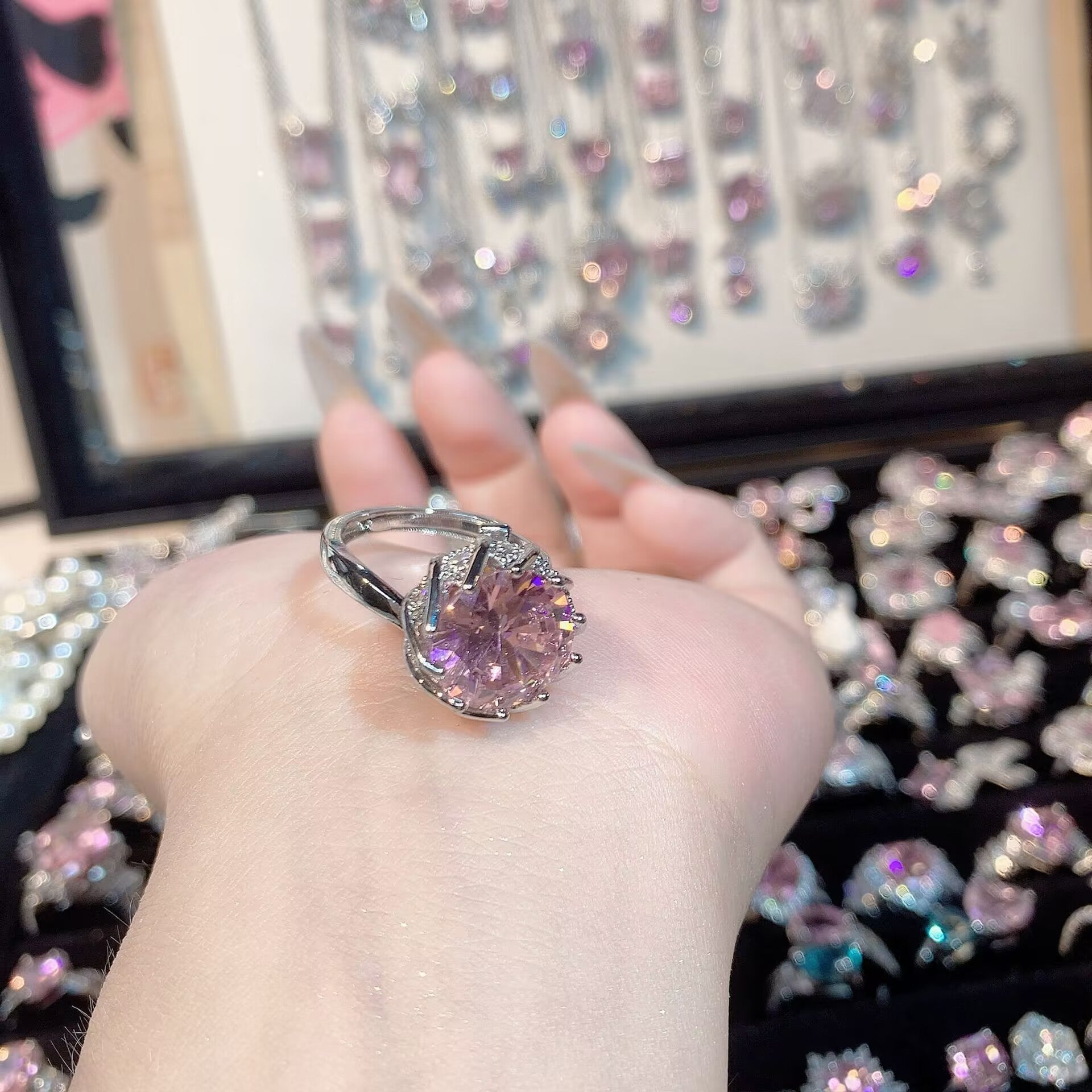 FENG SHUI - 32 Explosive high carbon diamond high quality ultra flash cherry blossom powder zirconium female ring collection advanced design sense ring