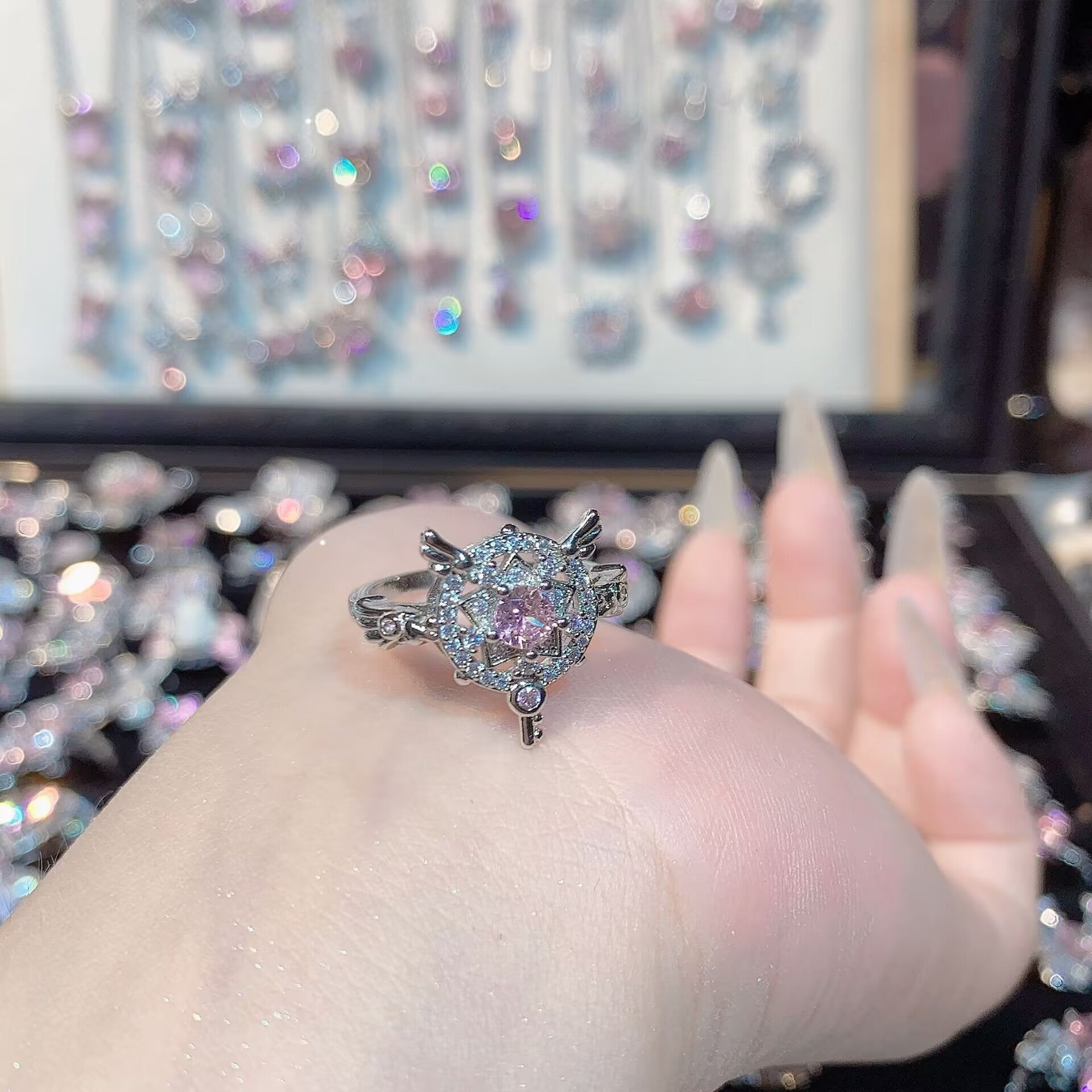 FENG SHUI - 32 Explosive high carbon diamond high quality ultra flash cherry blossom powder zirconium female ring collection advanced design sense ring