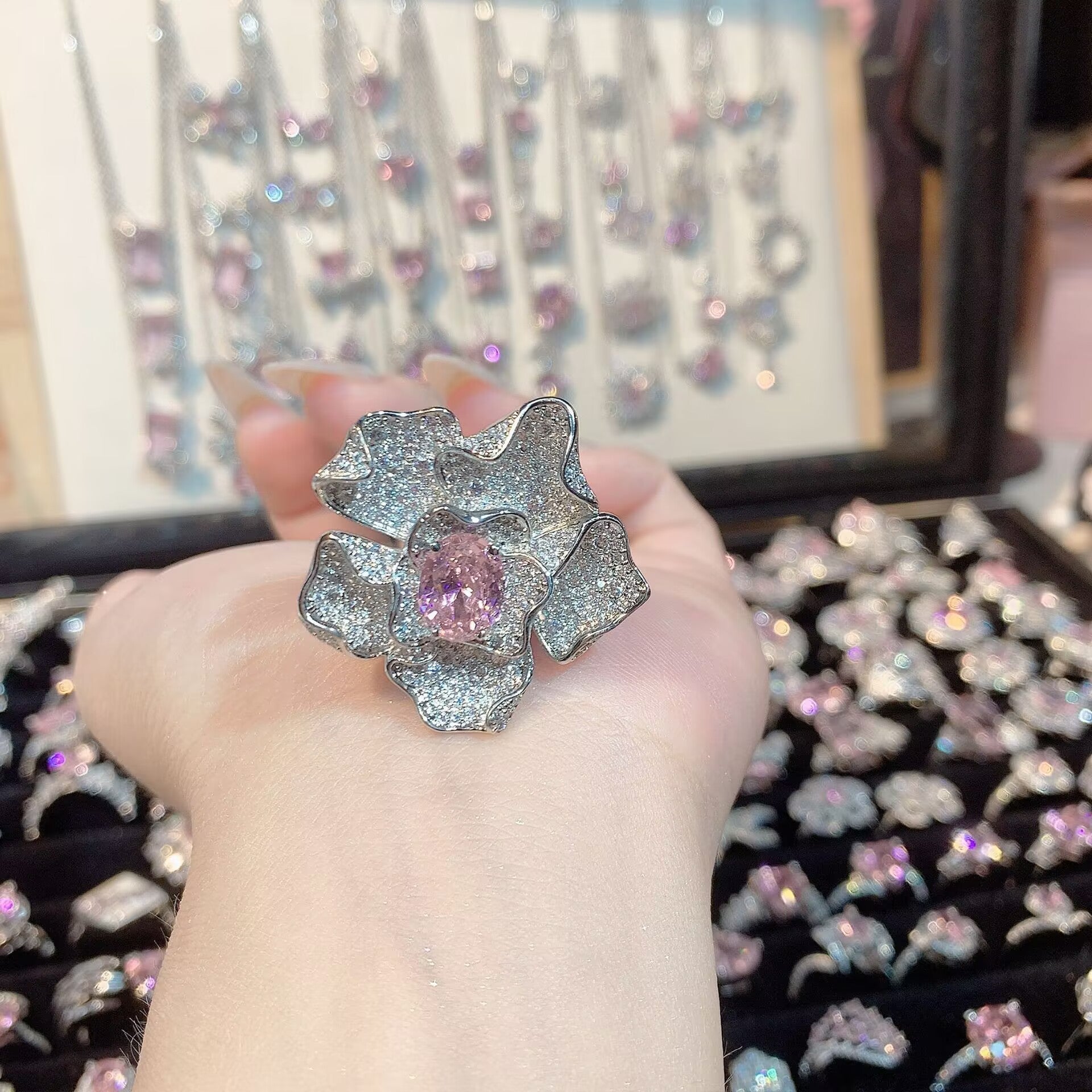 FENG SHUI - 33 Bright zircon cherry blossom pink diamond ring for women