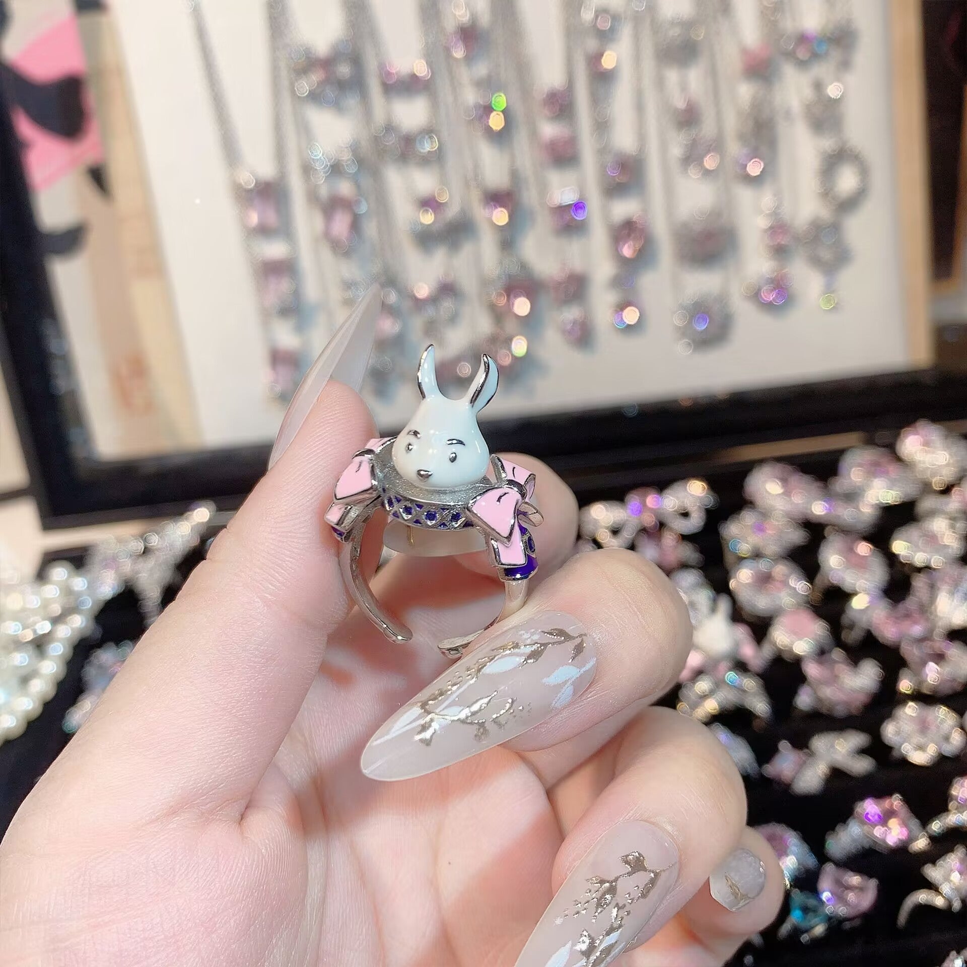 FENG SHUI - 32 Explosive high carbon diamond high quality ultra flash cherry blossom powder zirconium female ring collection advanced design sense ring