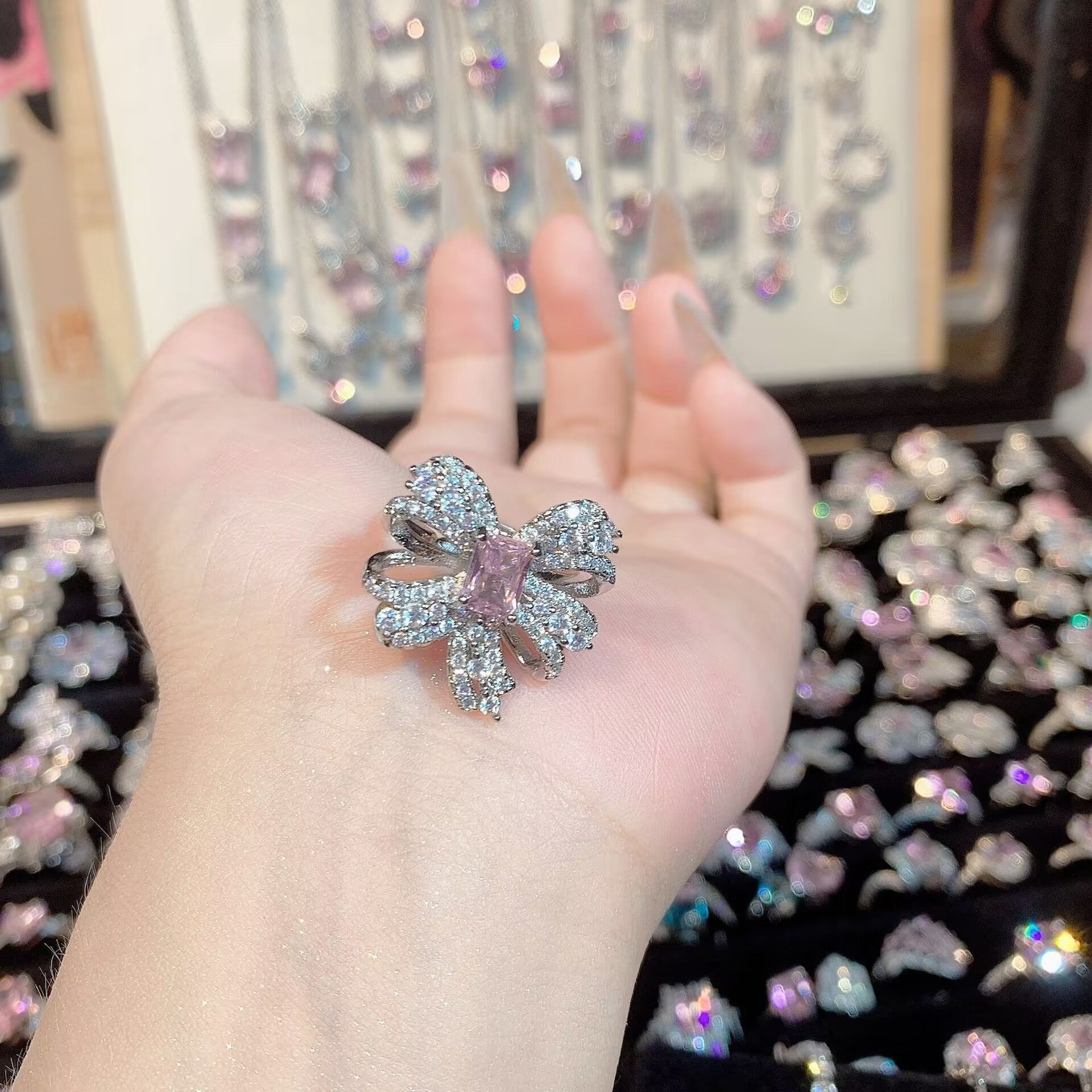 FENG SHUI - 32 Explosive high carbon diamond high quality ultra flash cherry blossom powder zirconium female ring collection advanced design sense ring