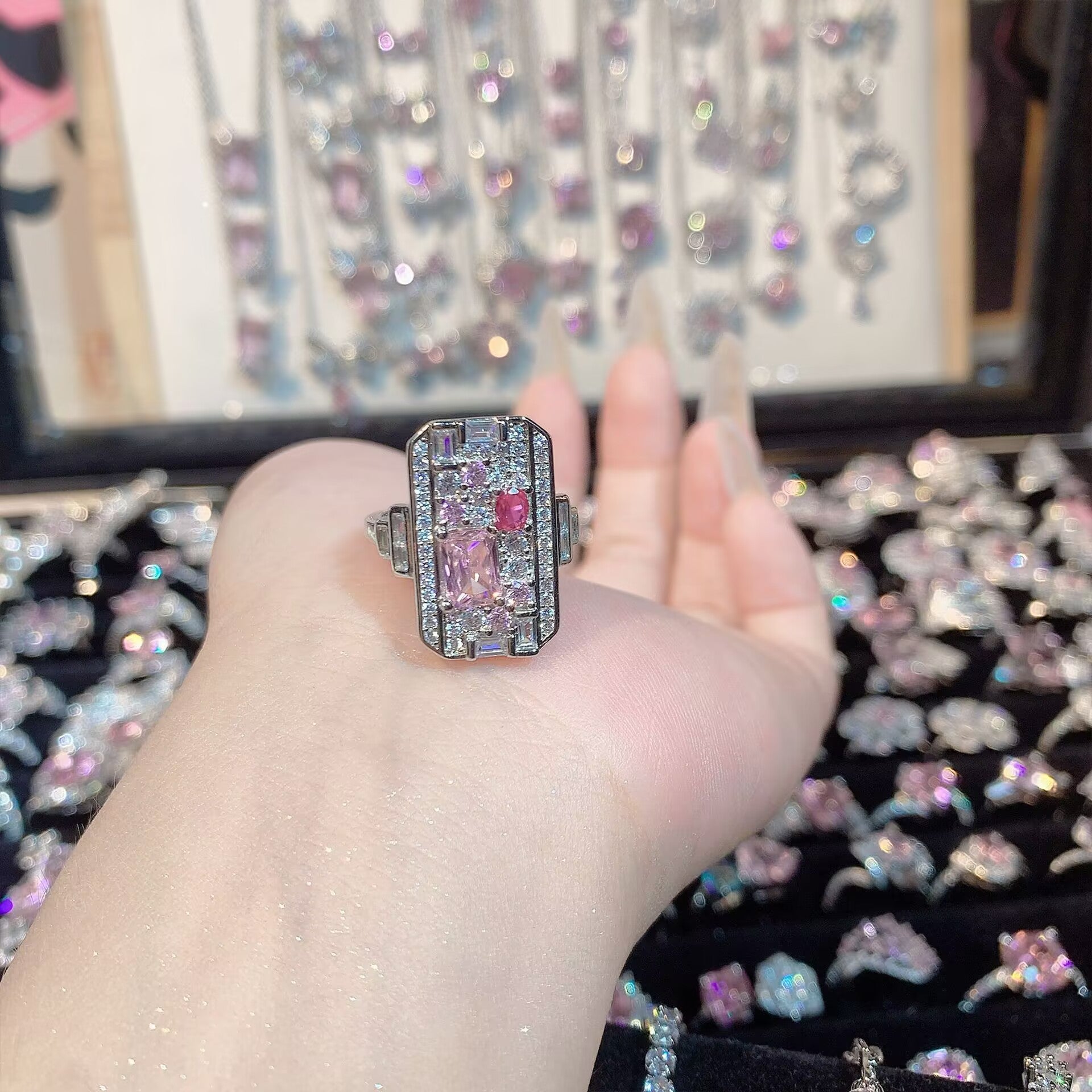 FENG SHUI - 32 Explosive high carbon diamond high quality ultra flash cherry blossom powder zirconium female ring collection advanced design sense ring