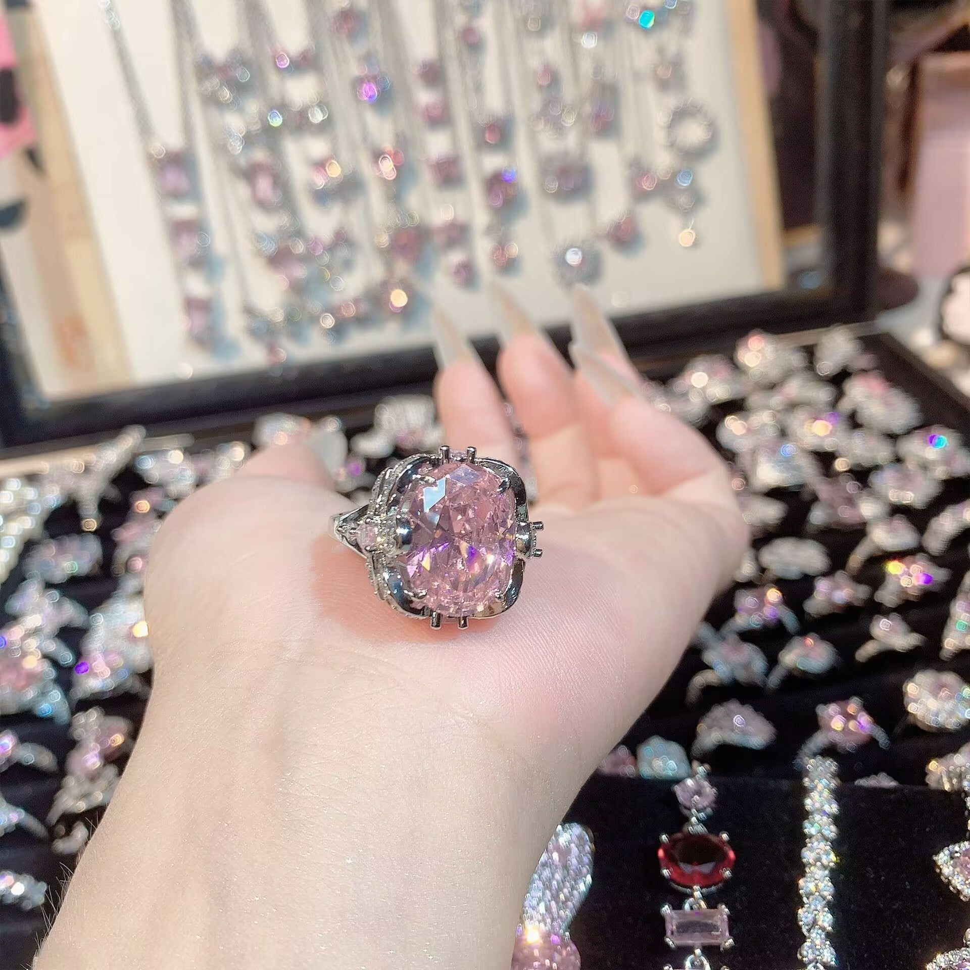 FENG SHUI - 32 Explosive high carbon diamond high quality ultra flash cherry blossom powder zirconium female ring collection advanced design sense ring