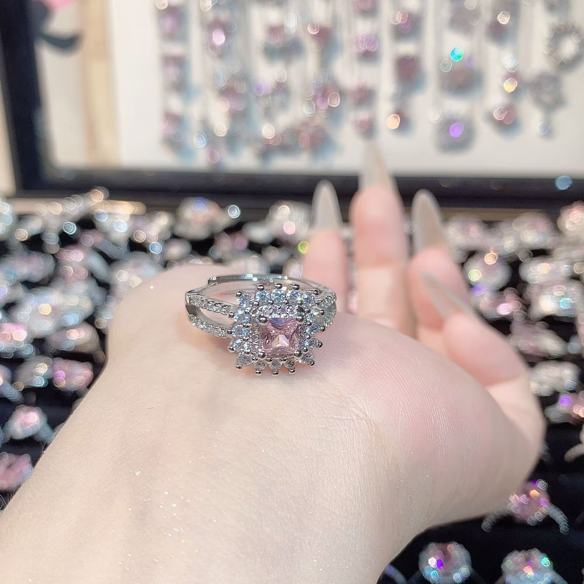 FENG SHUI - 32 Explosive high carbon diamond high quality ultra flash cherry blossom powder zirconium female ring collection advanced design sense ring