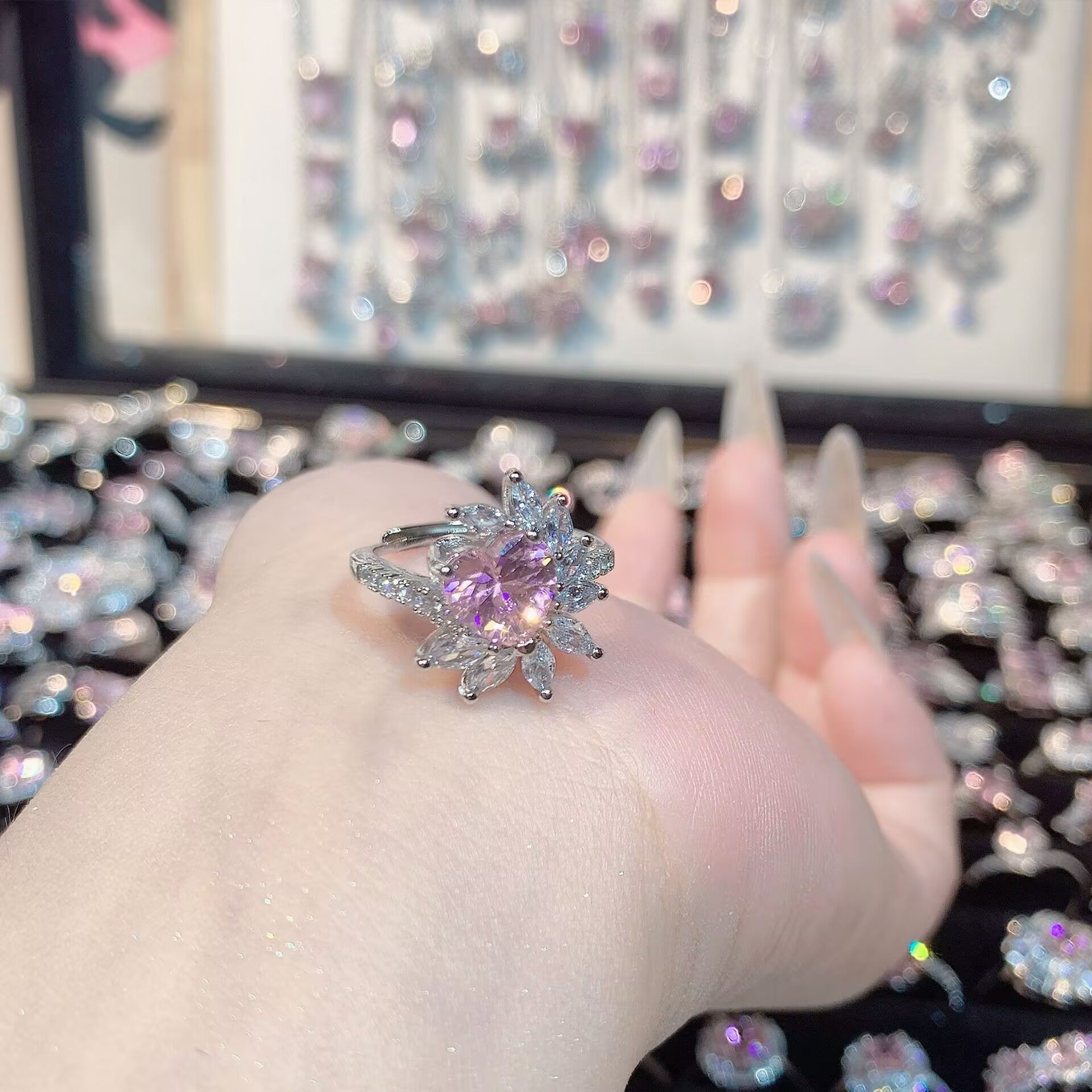 FENG SHUI - 32 Explosive high carbon diamond high quality ultra flash cherry blossom powder zirconium female ring collection advanced design sense ring