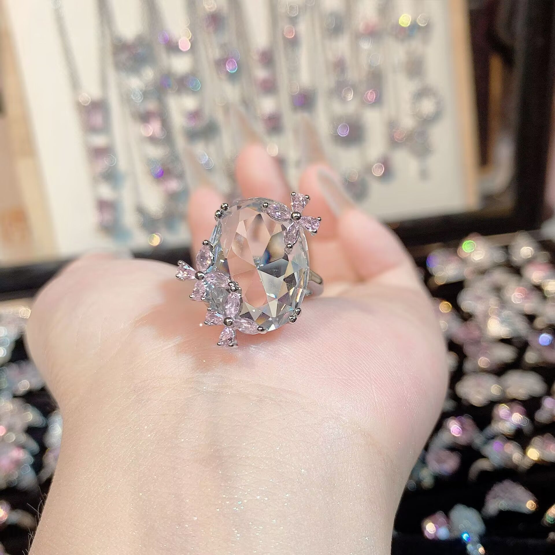 FENG SHUI - 32 Explosive high carbon diamond high quality ultra flash cherry blossom powder zirconium female ring collection advanced design sense ring